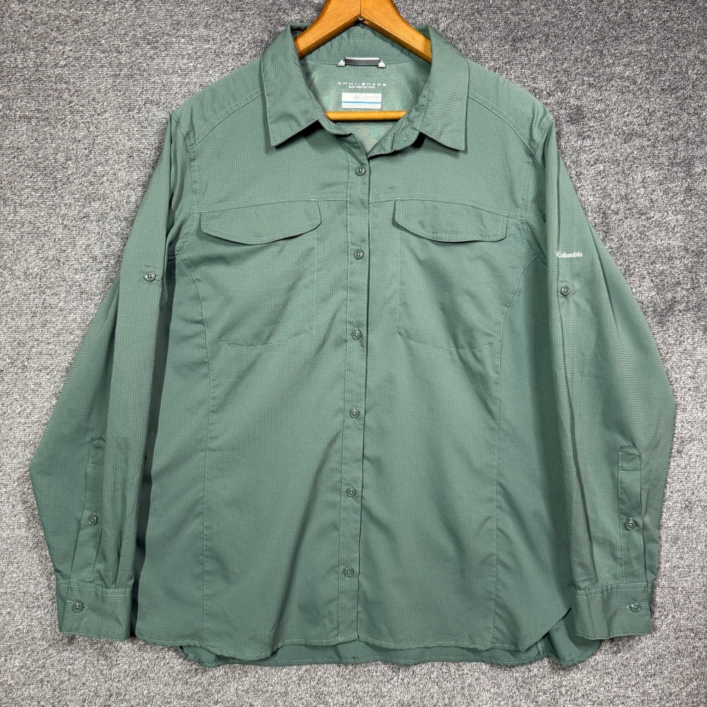 Columbia Omni-Shade Shirt Mens 1X Green Long Sleeve Roll Tab‎ Hiking Fishing